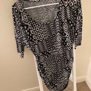 Espresso sweater dress with black and gray designs